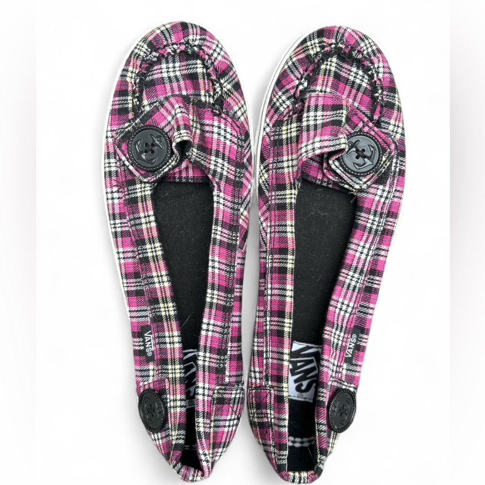 Vans Women's Black and Pink Plaid Loafter Flats